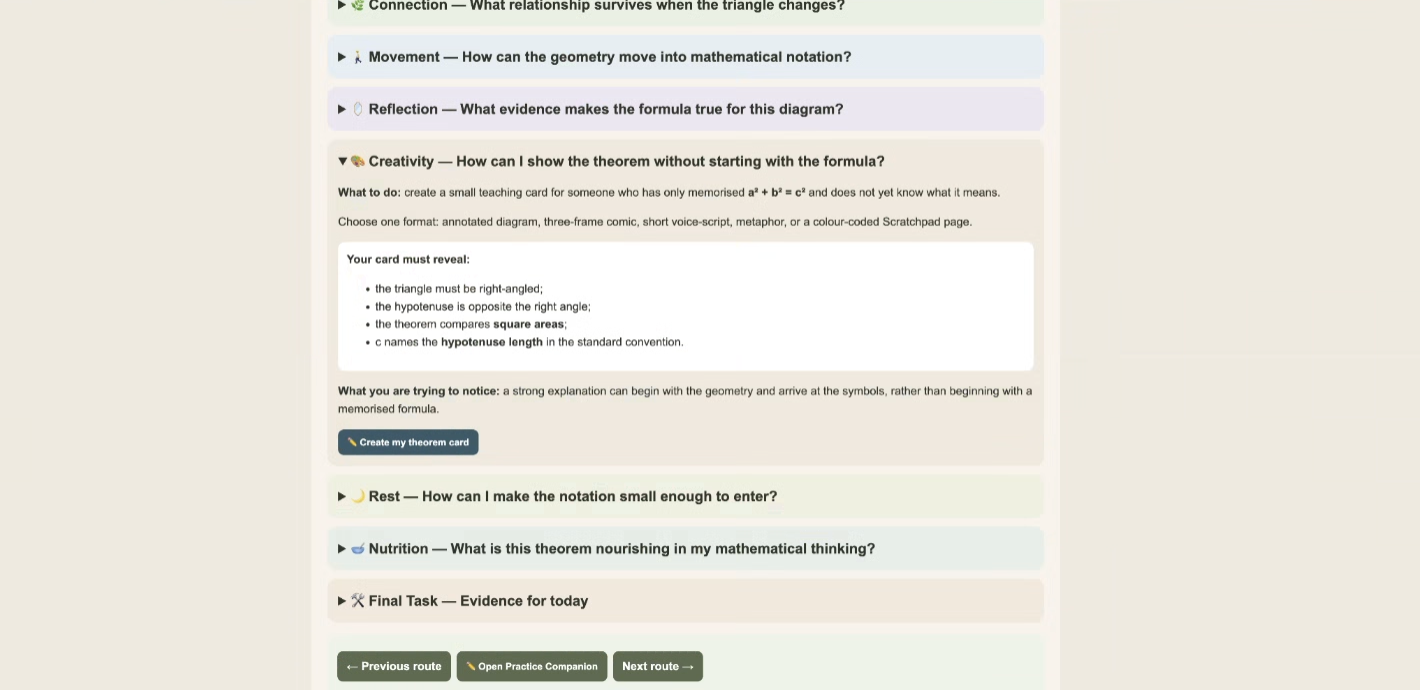 The Six Cornerstones panels of a NEO Pythagoras lesson — Connection, Movement, Reflection, Creativity, Rest and Nutrition in a bespoke maths curriculum