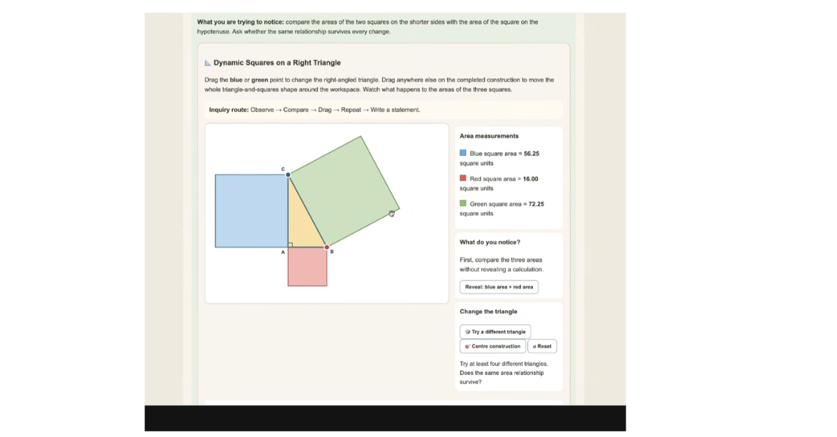 The Dynamic Squares on a Right Triangle interactive from a NEO Pythagoras lesson — blue and red square areas together equalling the green